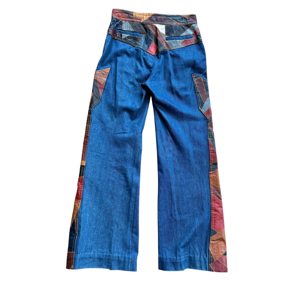 Vintage‎ 70s Aura Denim Leather Patchwork 2 Piece Set Vest Flare Pants M 13/14 - Picture 2 of 12